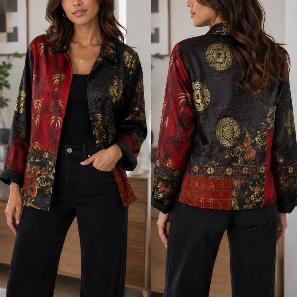 Chico's silk Jacket Blazer boho silk blouse embroidered patchwork asian inspired